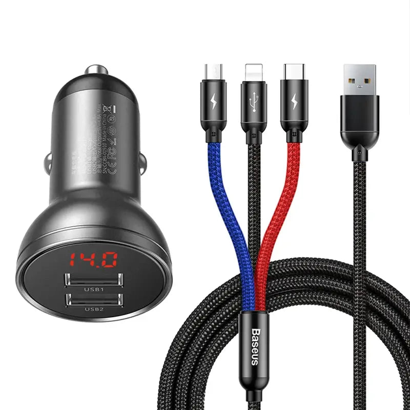 Ładowarka samochodowa Baseus z wyświetlaczem 24W + kabel USB 3w1 Baseus Tre Primære Farver 1,2m