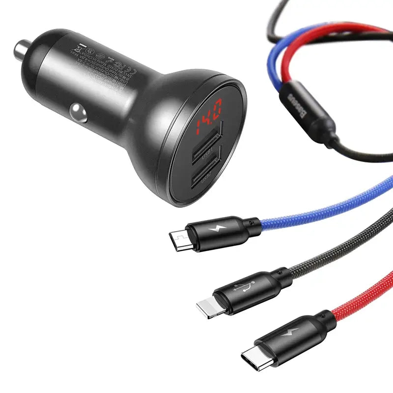 Ładowarka samochodowa Baseus z wyświetlaczem 24W + kabel USB 3w1 Baseus Tre Primære Farver 1,2m