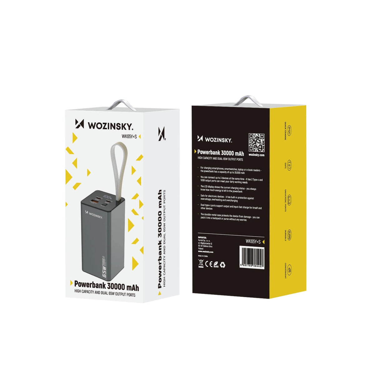 Powerbank Wozinsky K65+ 65W 30000mAh 2x USB-C, 1x USB-A 65W - grå