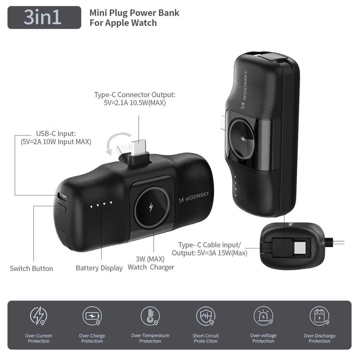 Wozinsky WF16-YCS 5000mAh 15W USB-C Mini Power Bank med indbygget USB-C-kabel og Apple Watch-oplader - sort