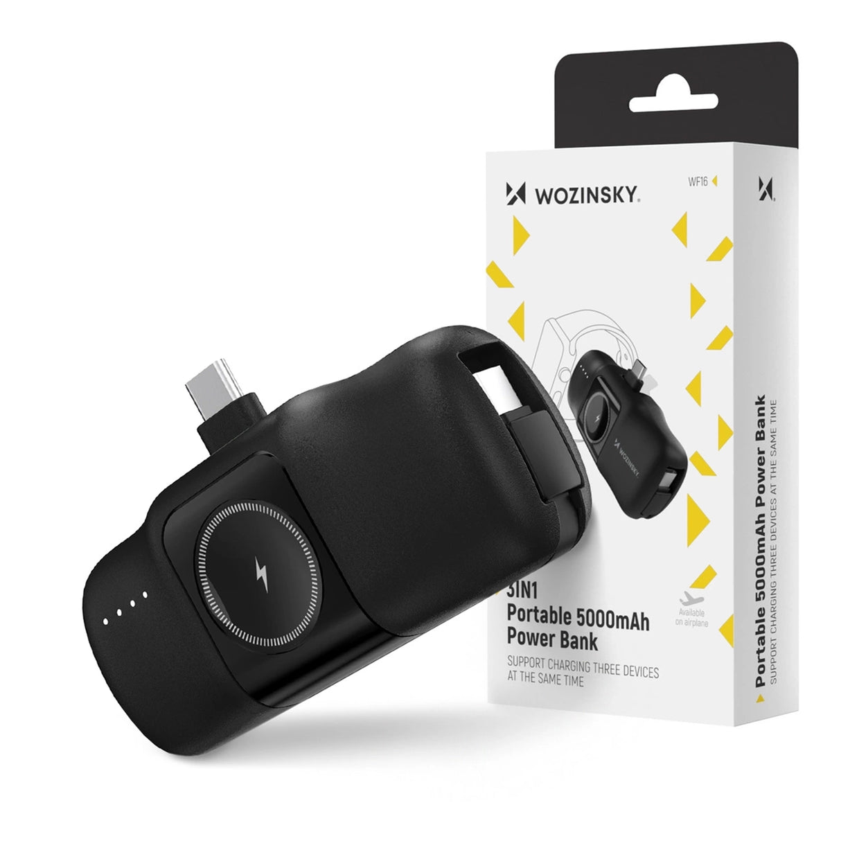 Wozinsky WF16-YCS 5000mAh 15W USB-C Mini Power Bank med indbygget USB-C-kabel og Apple Watch-oplader - sort