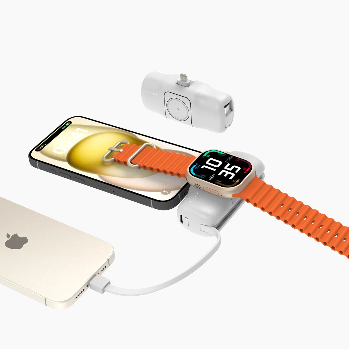 Wozinsky WF16-YLS 5000mAh 15W Lightning Mini Power Bank med indbygget USB-C-kabel og Apple Watch-oplader - hvid