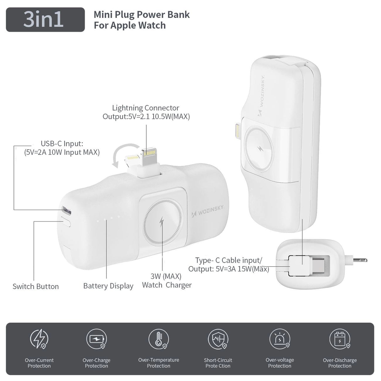 Wozinsky WF16-YLS 5000mAh 15W Lightning Mini Power Bank med indbygget USB-C-kabel og Apple Watch-oplader - hvid