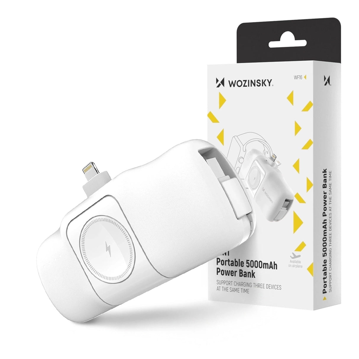Wozinsky WF16-YLS 5000mAh 15W Lightning Mini Power Bank med indbygget USB-C-kabel og Apple Watch-oplader - hvid