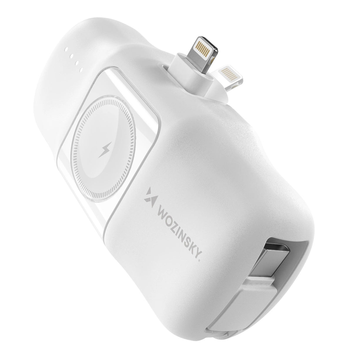 Wozinsky WF16-YLS 5000mAh 15W Lightning Mini Power Bank med indbygget USB-C-kabel og Apple Watch-oplader - hvid