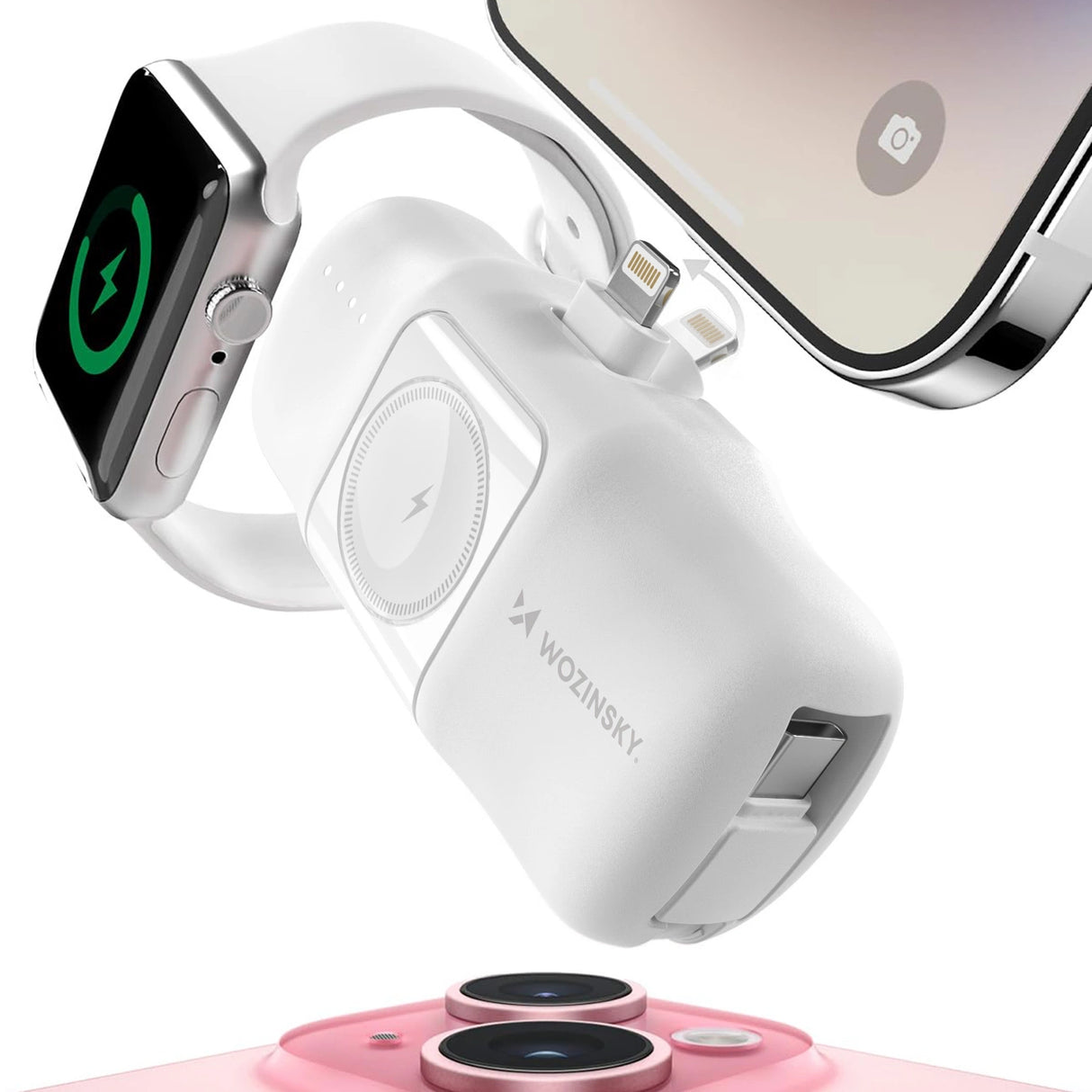 Wozinsky WF16-YLS 5000mAh 15W Lightning Mini Power Bank med indbygget USB-C-kabel og Apple Watch-oplader - hvid