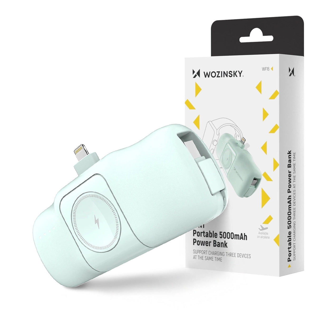 Wozinsky WF16-YLS 5000mAh 15W Lightning Mini Power Bank med indbygget USB-C-kabel og Apple Watch-oplader - Grøn