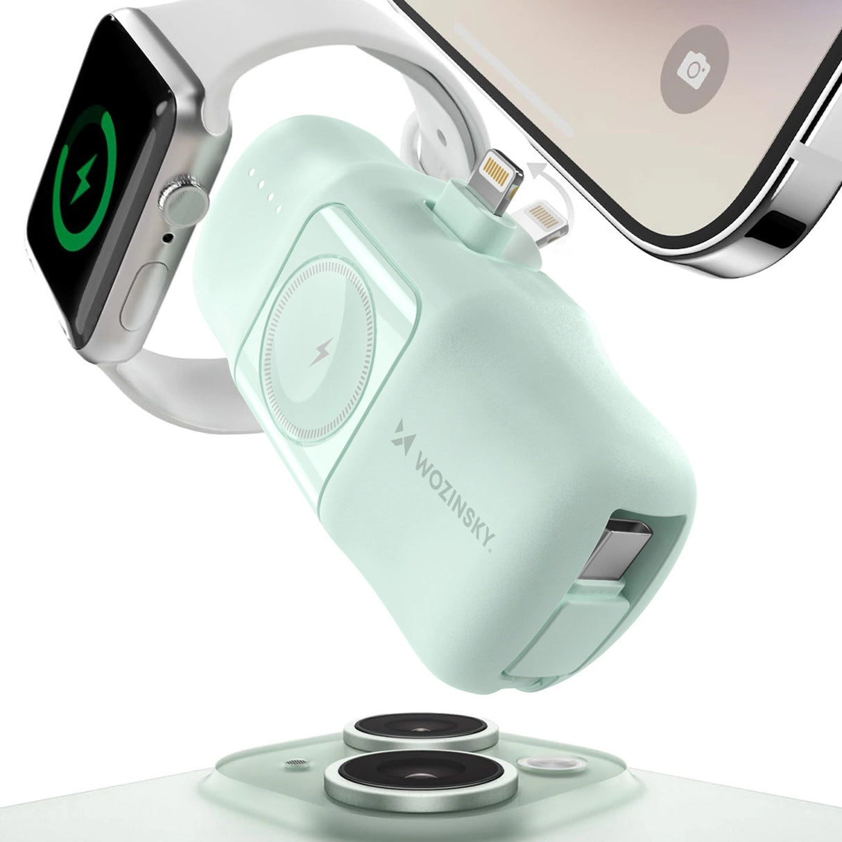 Wozinsky WF16-YLS 5000mAh 15W Lightning Mini Power Bank med indbygget USB-C-kabel og Apple Watch-oplader - Grøn