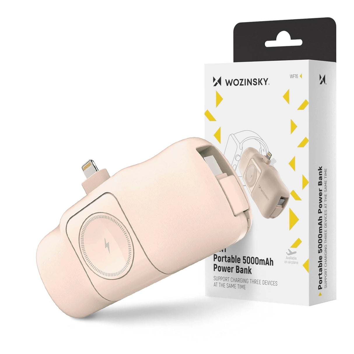 Wozinsky WF16-YLS 5000mAh 15W Lightning Mini Power Bank med indbygget USB-C-kabel og Apple Watch-oplader - Beige