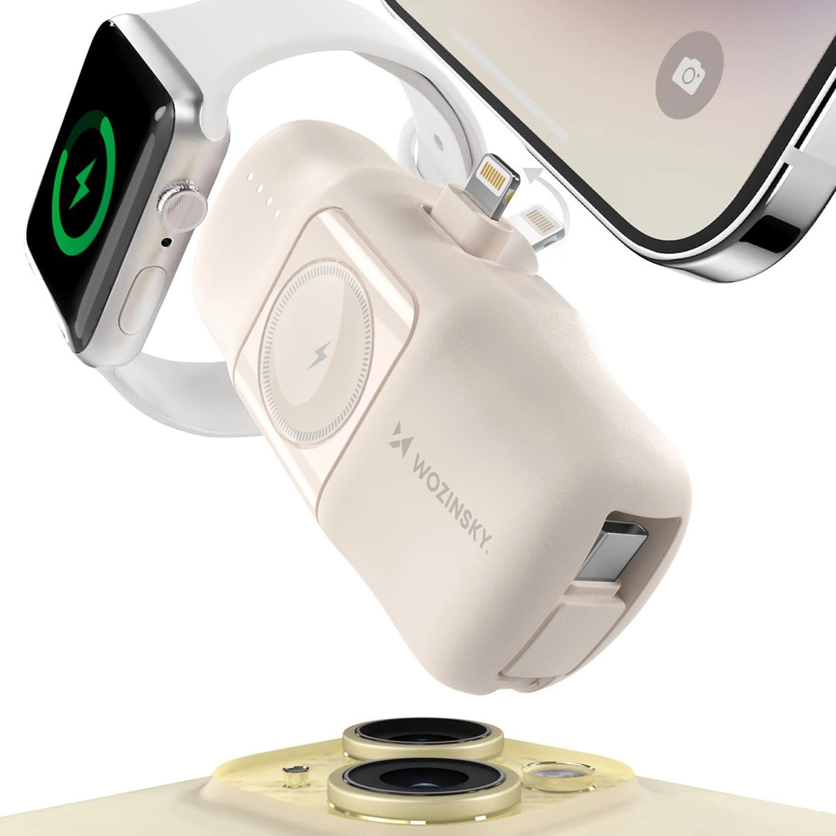 Wozinsky WF16-YLS 5000mAh 15W Lightning Mini Power Bank med indbygget USB-C-kabel og Apple Watch-oplader - Beige