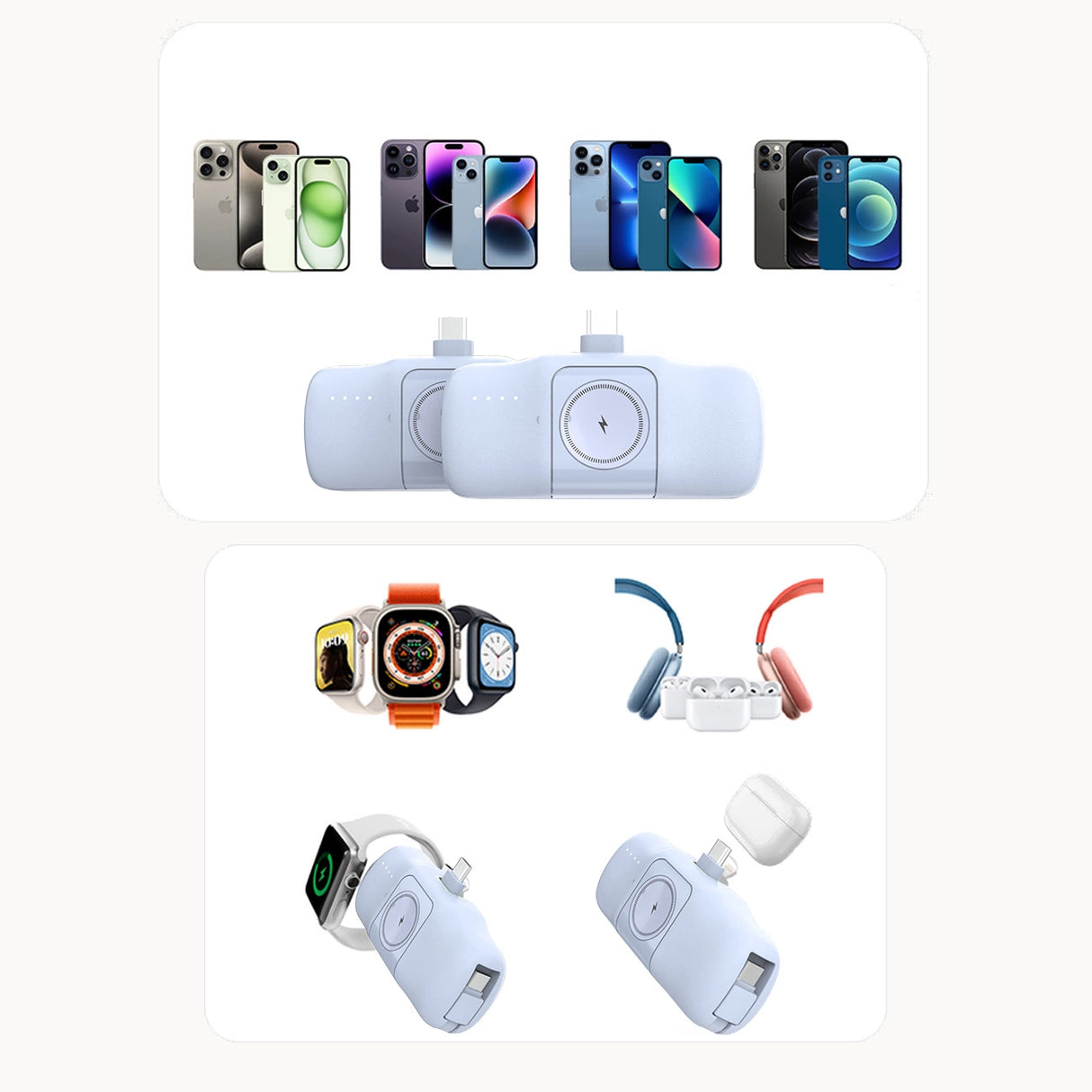 Wozinsky WF16-YLS 5000mAh 15W Lightning Mini Power Bank med indbygget USB-C-kabel og Apple Watch-oplader - Blå