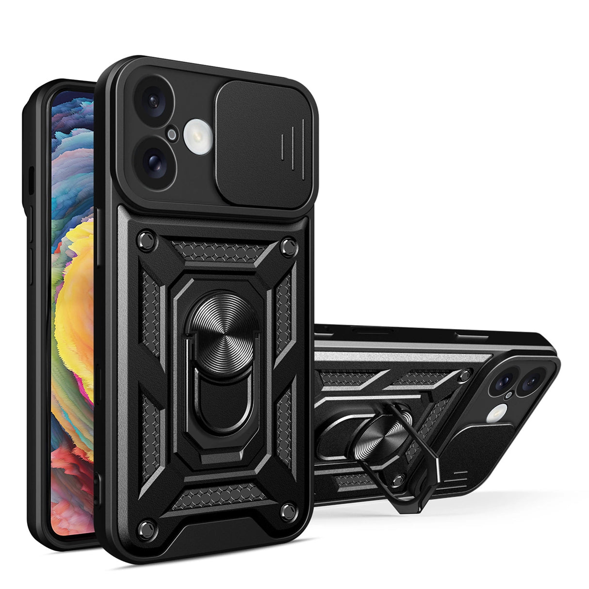 Hybrid Armor Camshield iPhone 16 Armored Case med Camera Cover og Stand - sort