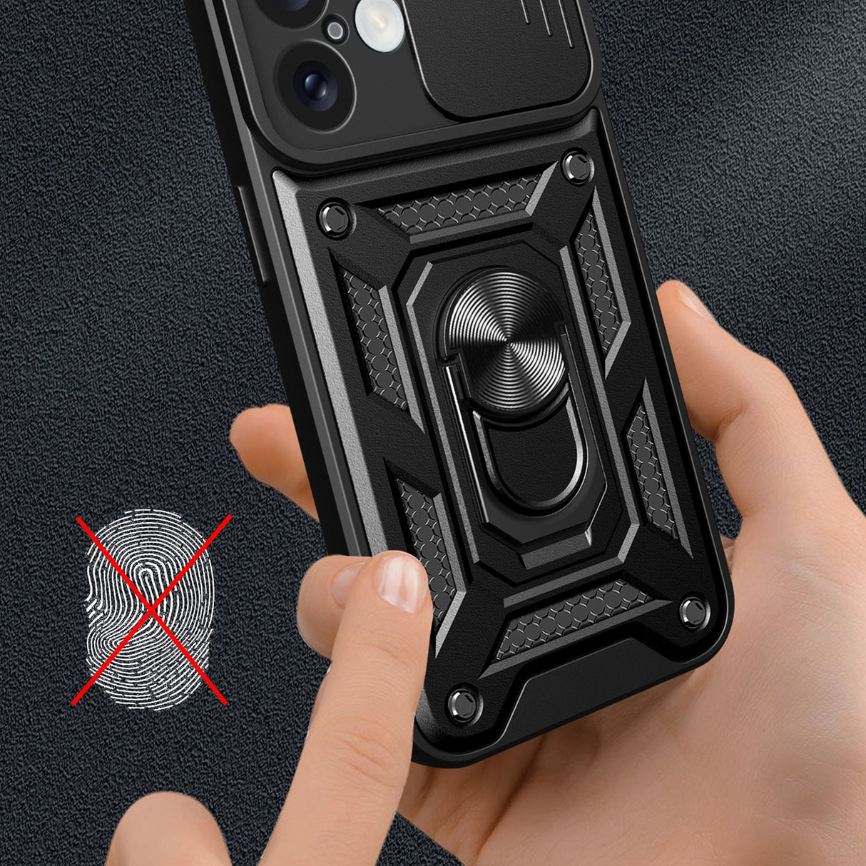Hybrid Armor Camshield iPhone 16 Plus Armored Case med Camera Cover og Stand - sort