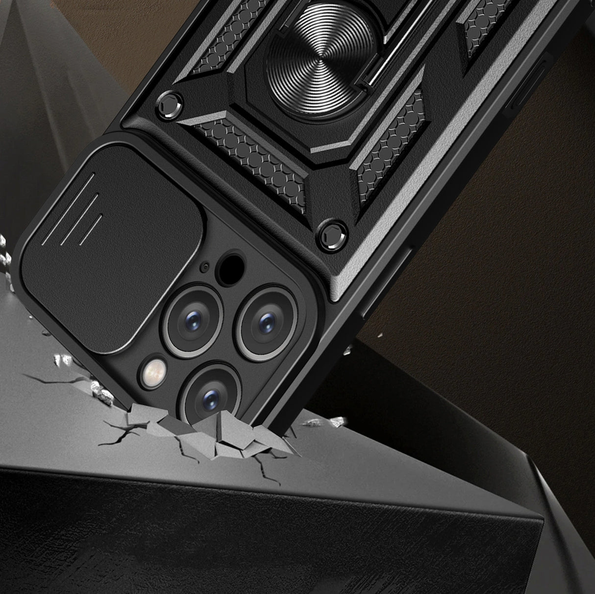 Hybrid Armor Camshield iPhone 16 Pro Case med Camera Cover og Stand - sort