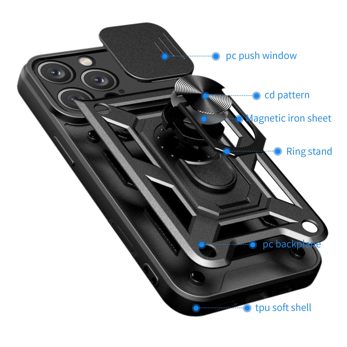 Hybrid Armor Camshield iPhone 16 Pro Case med Camera Cover og Stand - sort