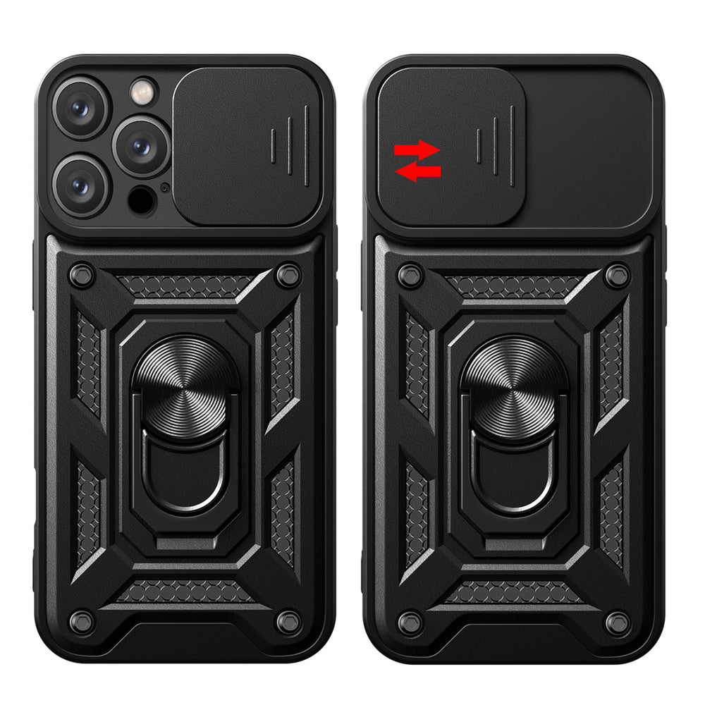 Hybrid Armor Camshield iPhone 16 Pro Max Armored Case med Camera Cover og Stand - sort