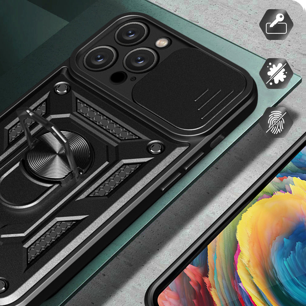 Hybrid Armor Camshield iPhone 16 Pro Max Armored Case med Camera Cover og Stand - sort