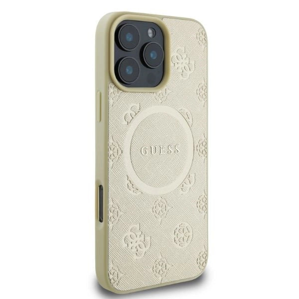 Guess Saffiano Peony Classic Logo MagSafe-hylster til iPhone 16 Pro - guld