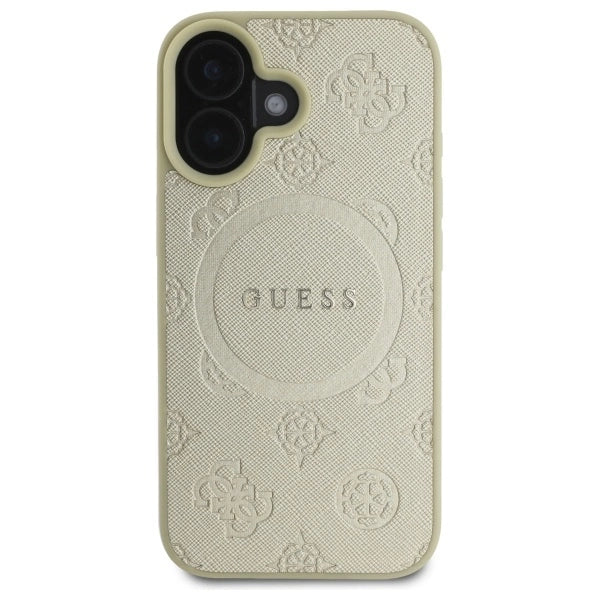 Guess Saffiano Peony Classic Logo MagSafe-fodral til iPhone 16 - guld