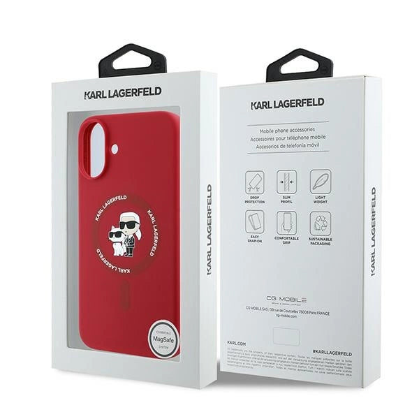 Karl Lagerfeld Silicone Karl&Choupette Heads Ring MagSafe Case for iPhone 16 Plus - Red
