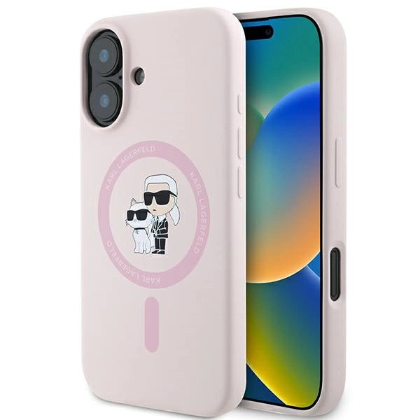 Karl Lagerfeld Silicone Karl&Choupette Heads Ring MagSafe iPhone 16 Case - Pink