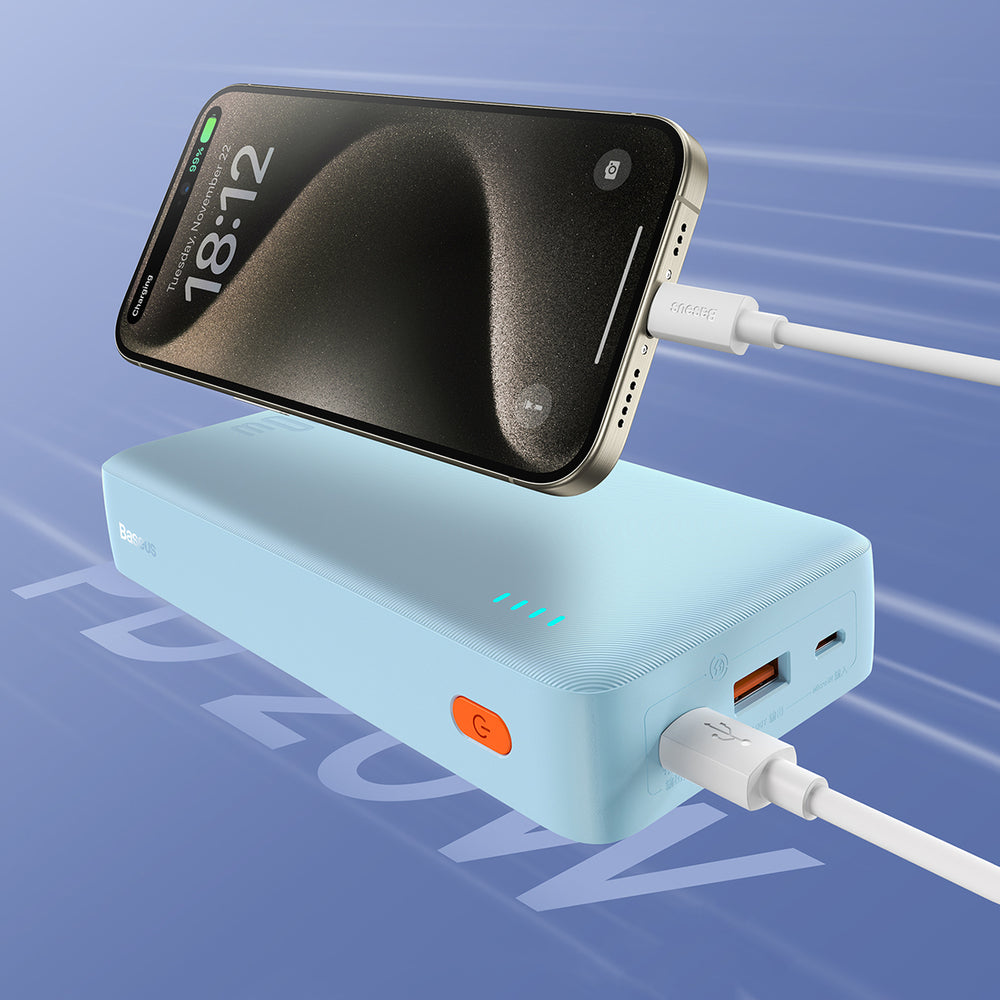 Baseus Airpow 20W 20000mAh Power Bank with White Baseus Simple Series USB-A - USB-C 50cm Cable - Blue