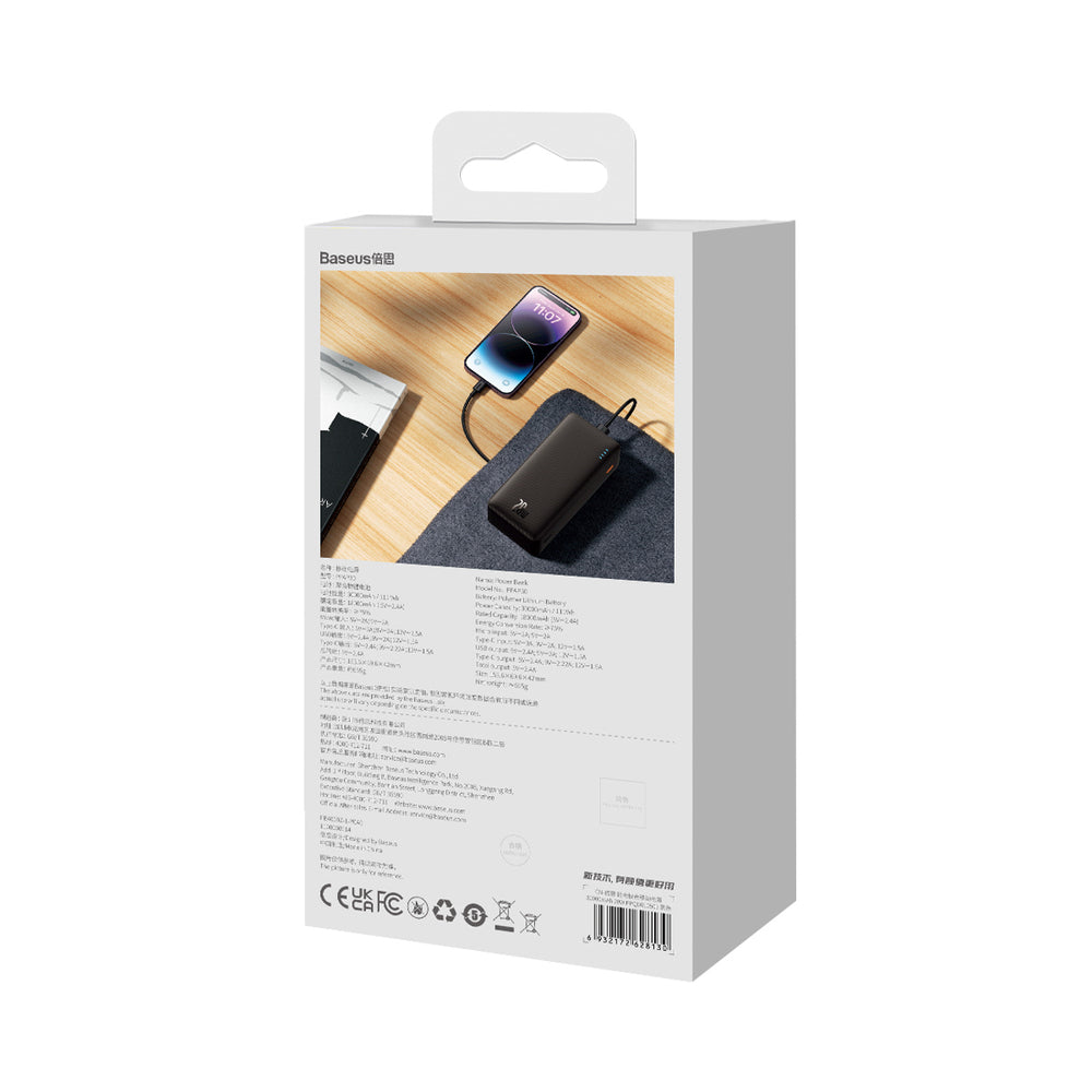 Baseus Airpow Fast Charge 20W 30000mAh Power Bank with USB-C - USB-C 30cm Cable - Black
