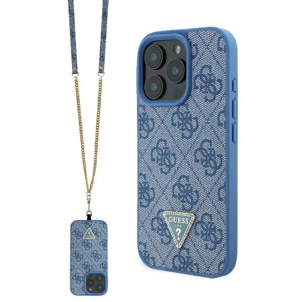 Guess lædermetall Logo Strass Crossbody Case til iPhone 16 Pro Max - Blå