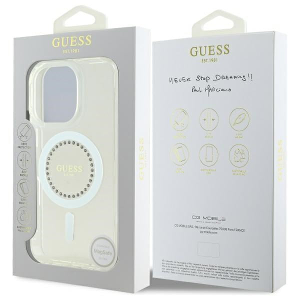 Guess IML Rhinestones MagSafe Case til iPhone 16 Pro Max - hvid