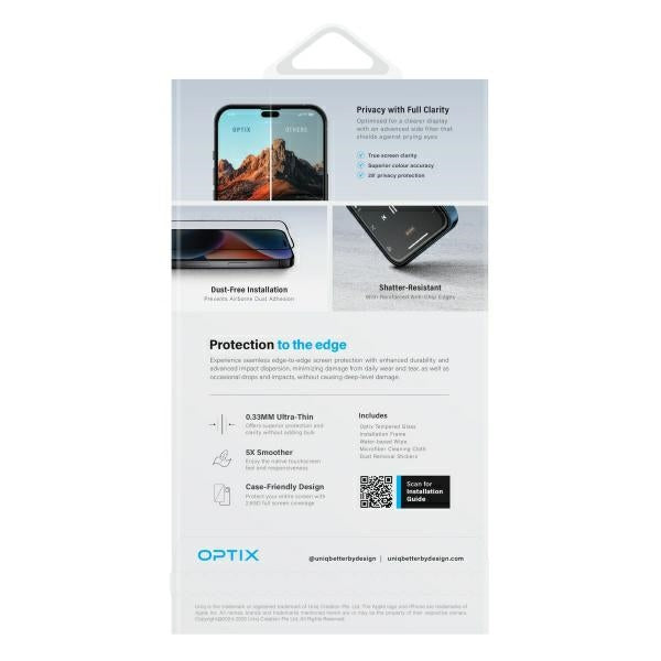 Uniq Optix Privacy hærdet glas med privacy applicator til iPhone 16 Plus