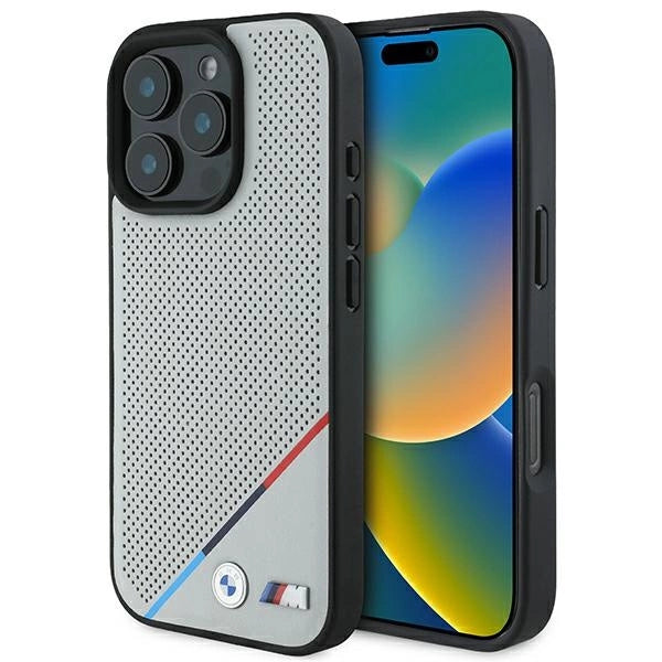 BMW M Perforeret Tricolor Line MagSafe Case til iPhone 16 Pro - Grå
