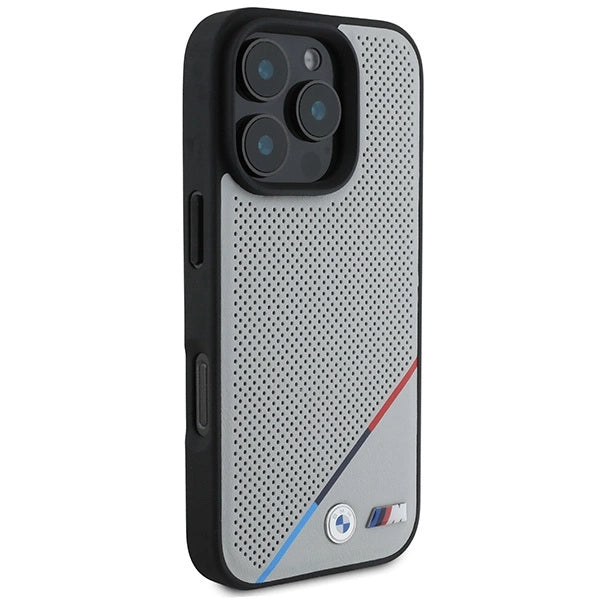 BMW M Perforeret Tricolor Line MagSafe Case til iPhone 16 Pro - Grå
