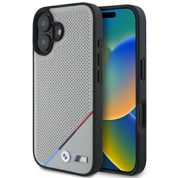 BMW M Perforeret Tricolor Line MagSafe iPhone 16 Case - Grå