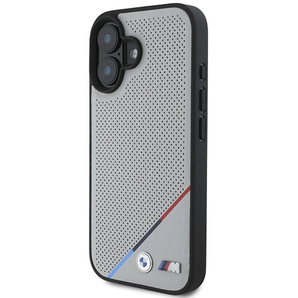 BMW M Perforeret Tricolor Line MagSafe iPhone 16 Case - Grå