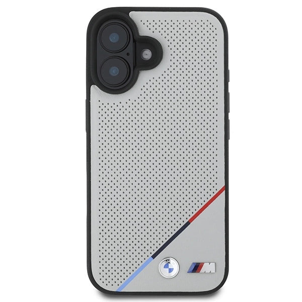 BMW M Perforeret Tricolor Line MagSafe iPhone 16 Case - Grå