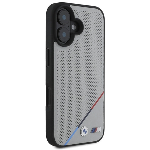 BMW M Perforeret Tricolor Line MagSafe iPhone 16 Case - Grå