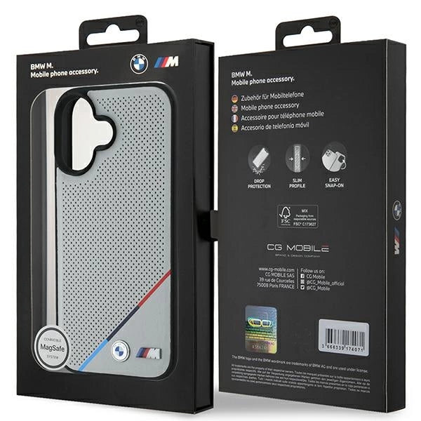 BMW M Perforeret Tricolor Line MagSafe iPhone 16 Case - Grå