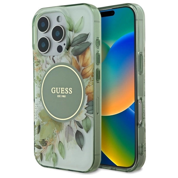Guess IML Flower & Tonal Circle MagSafe-kasse til iPhone 16 Pro - grøn
