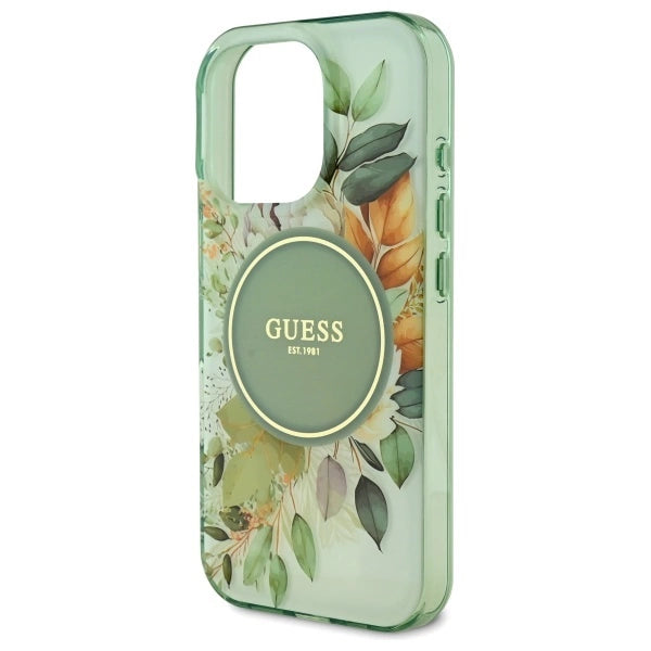 Guess IML Flower & Tonal Circle MagSafe-kasse til iPhone 16 Pro - grøn