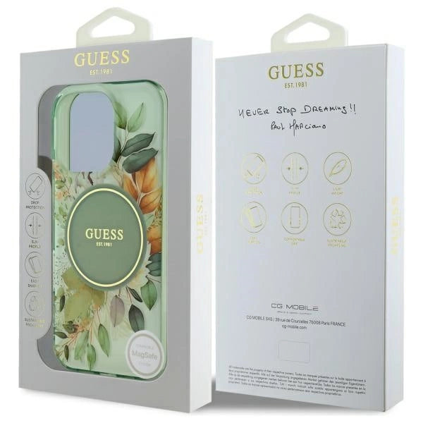 Guess IML Flower & Tonal Circle MagSafe-kasse til iPhone 16 Pro - grøn