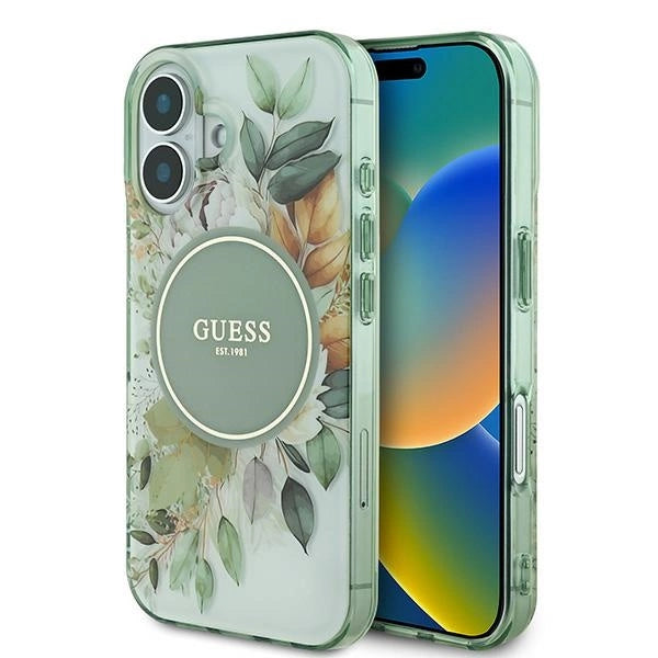 Guess IML Flower & Tonal Circle MagSafe-hylster til iPhone 16 Plus - grønt