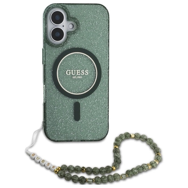 Guess IML Glitter med Pearl Strap MagSafe-fodral til iPhone 16 Plus - grøn