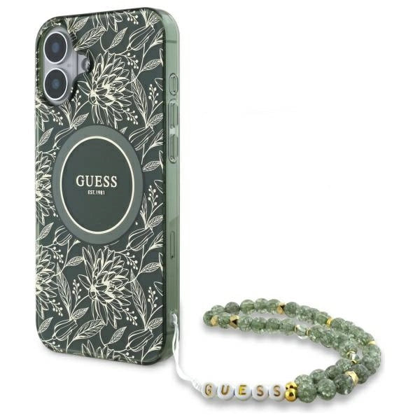 Guess IML Flowers Allover Electro med Perle Strap MagSafe-foder for iPhone 16 - grøn