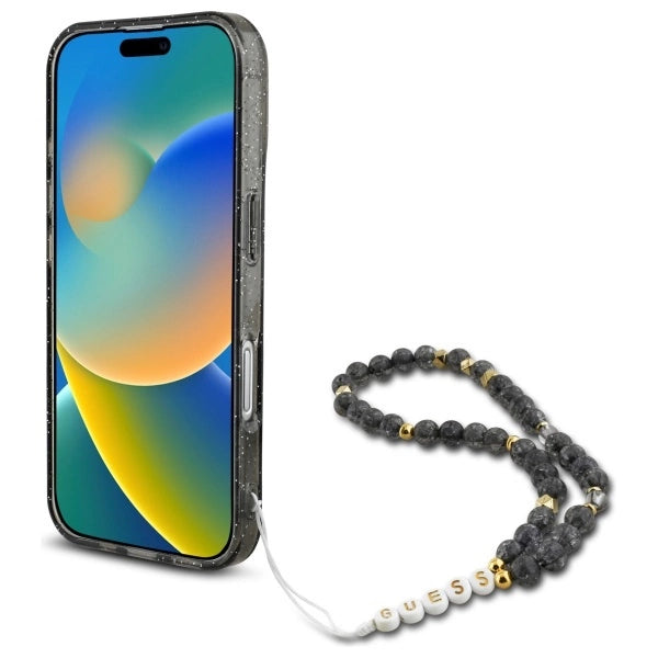 Guess IML Glitter med Pearl Strap MagSafe-foder for iPhone 16 - sort