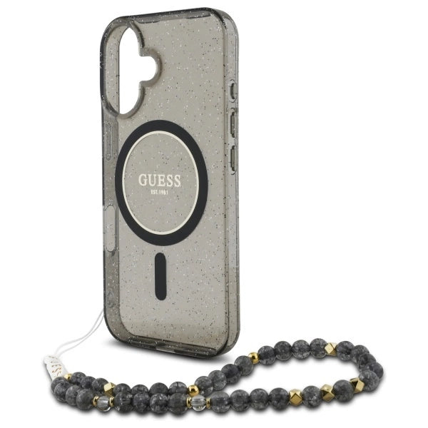 Guess IML Glitter med Pearl Strap MagSafe-foder for iPhone 16 - sort