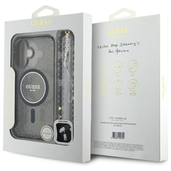 Guess IML Glitter med Pearl Strap MagSafe-foder for iPhone 16 - sort