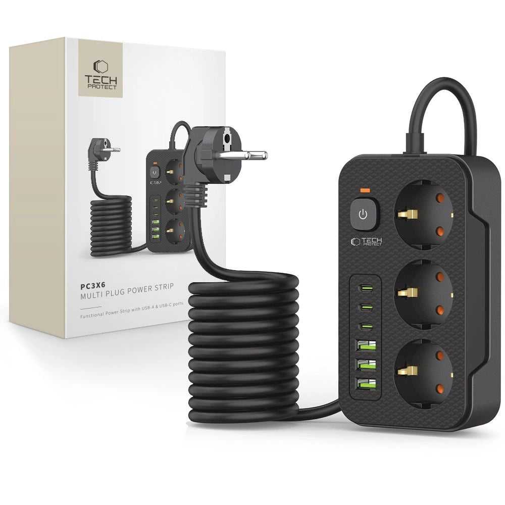 Tech-Protect PC3X6 Power Strip 3 stikkontakter 240V + 3xUSB-A + 3xUSB-C 200cm - sort