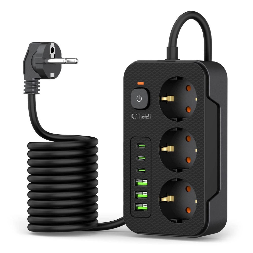 Tech-Protect PC3X6 Power Strip 3 stikkontakter 240V + 3xUSB-A + 3xUSB-C 200cm - sort