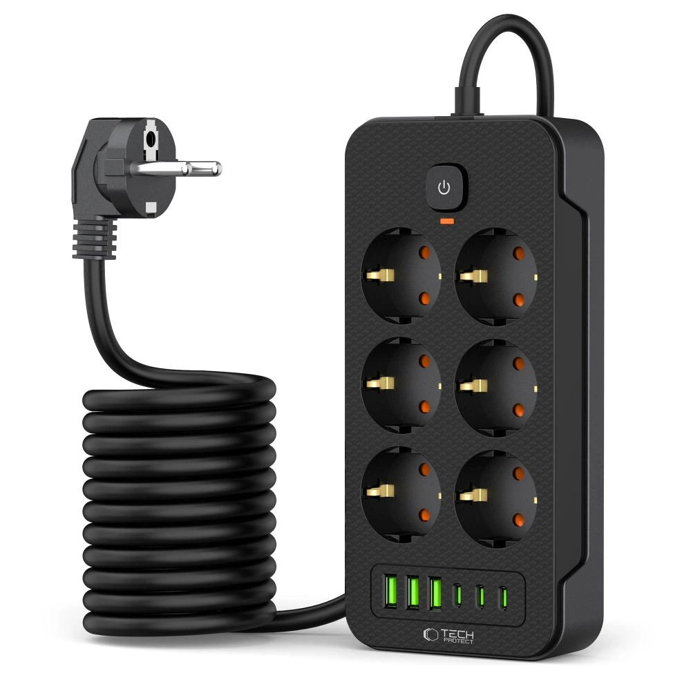 Tech-Protect PC6X6 Power Strip 6 Sockets 240V + 3xUSB-A + 3xUSB-C 200cm - sort