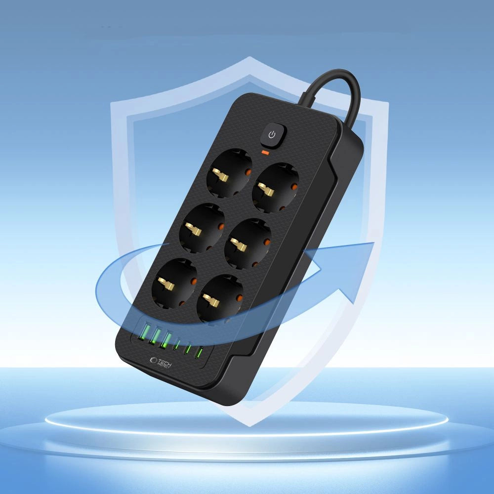 Tech-Protect PC6X6 Power Strip 6 Sockets 240V + 3xUSB-A + 3xUSB-C 200cm - sort